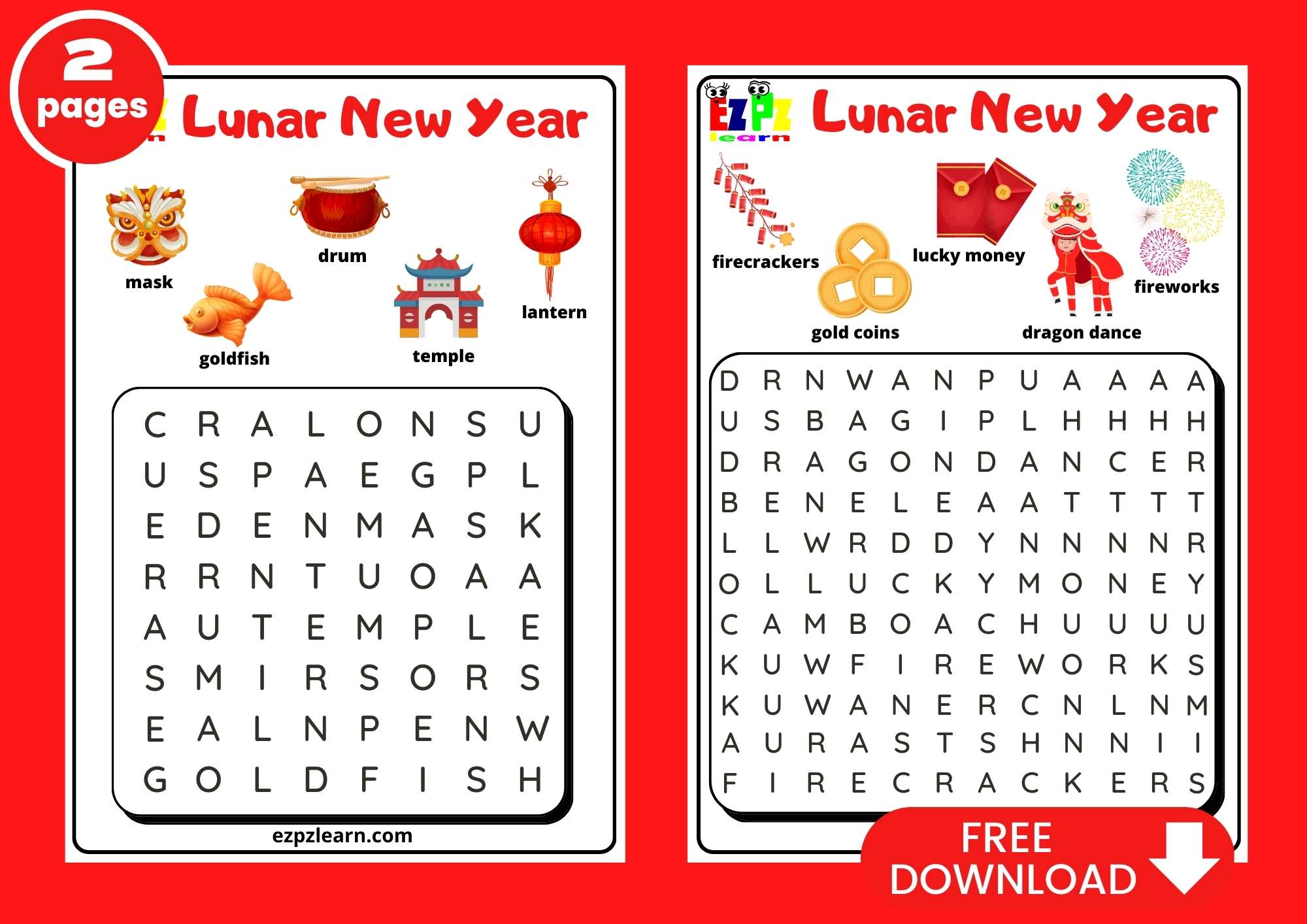2 Word Searches for Lunar (Chinese) New Year  Free PDF Download